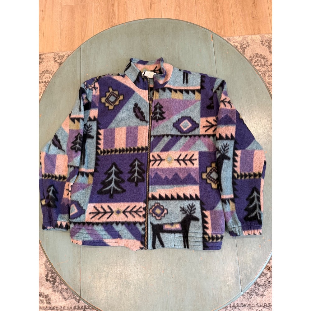 Teddi Petite Vintage Fleece Jacket Southwestern Deer Pine Tree Purple Blue PS